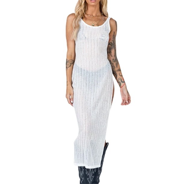 Lucakuins Vestido Midi para Mujer Slim Fit Verano Blanco Sin Mangas Cuello Redondo Alto Dividido Vestido Transparente Lucakuins moda
