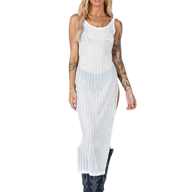 Lucakuins Vestido Midi para Mujer Slim Fit Verano Blanco Sin Mangas Cuello Redondo Alto Dividido Vestido Transparente Lucakuins moda