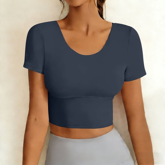 Neewe Seamless Fashionable Casual Solid Color Workout Round Neck Tops for Women Short Sleeve Compression Athletic Shirts Soft Yoga Gym Tops