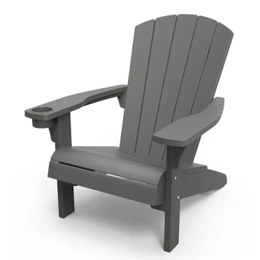 Keter 247894 Alpine Adirondack Resin Outdoor Furniture Chairs With Cup Holder, Grey