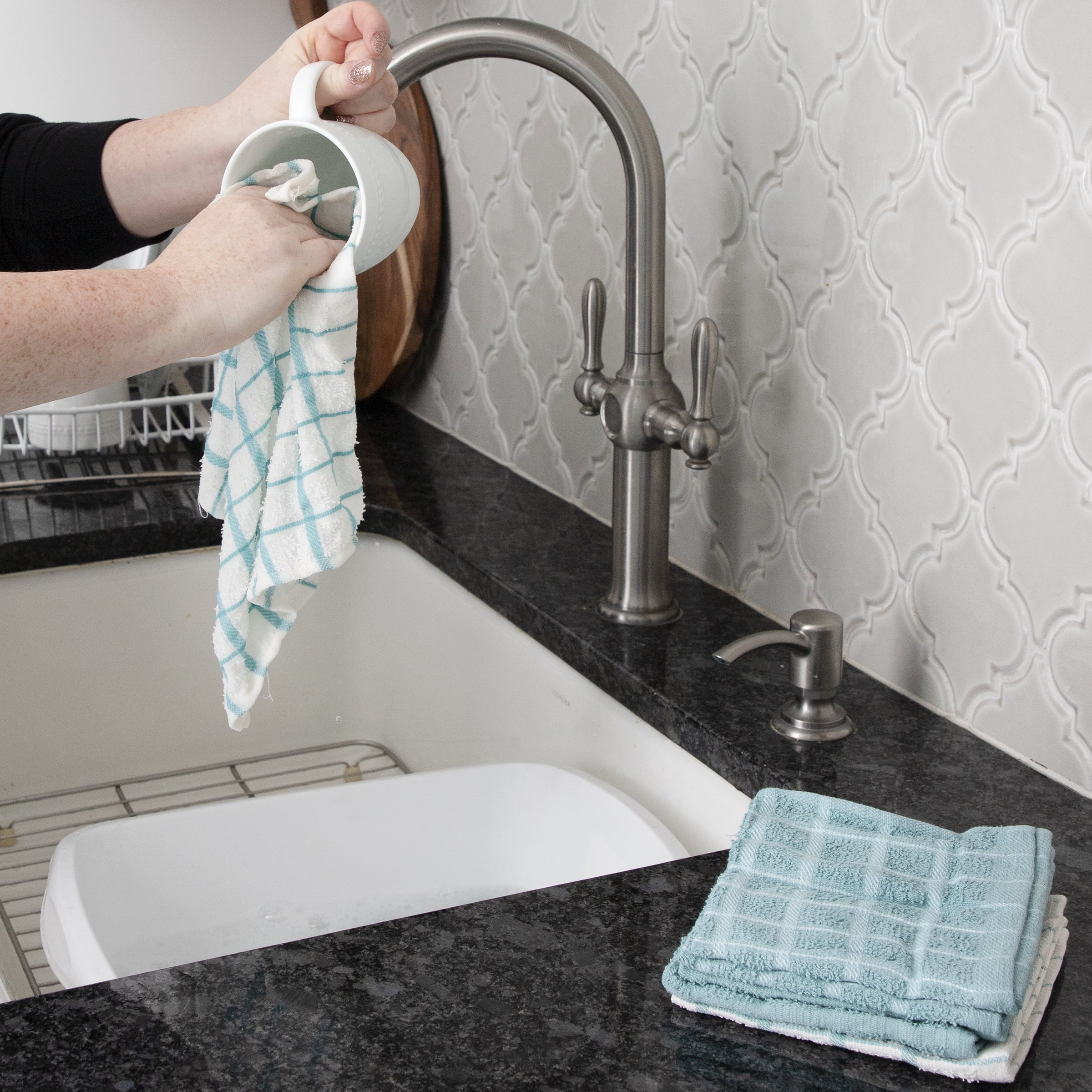 RITZ 3-Pack Terry Check Kitchen Towel Set and 6-Pack Terry Check Dish Cloth Set, Dew