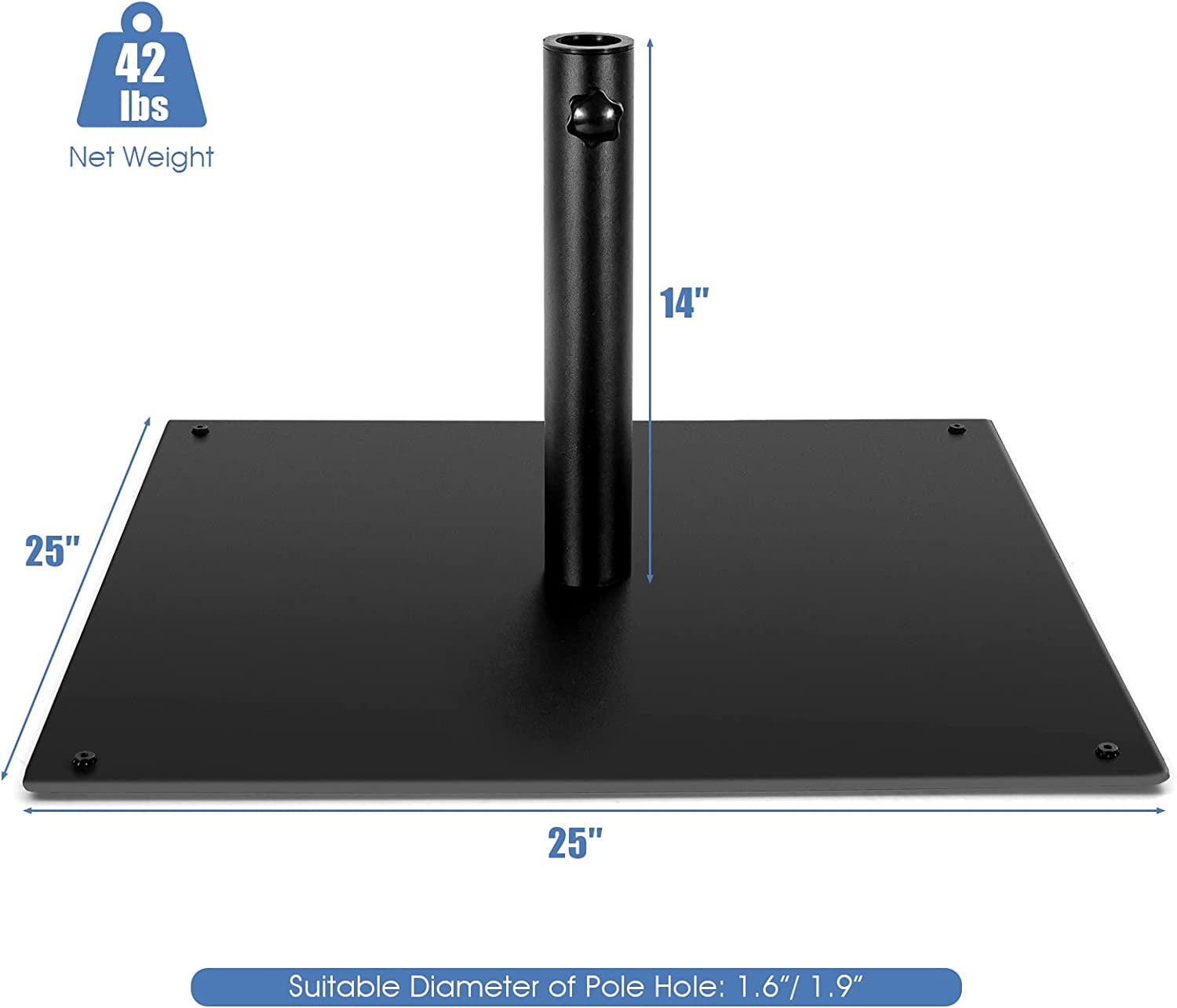 WBTER 42 LBS Patio Umbrella Base, 25 Inches Heavy Duty Square Market Umbrella Base Stand W/4 Non-Slip Pads, 1.6”/1.9” Adapters, Tightening Knob, Outdoor Umbrella Stand for Patio, Poolside