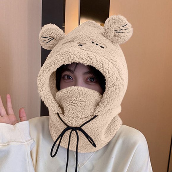 Up To $10 Bomber Hats Brown Women's Warm Plush Belt Mask and Ear Protection Riding Lei Feng Hat Sleeve Seck Bib