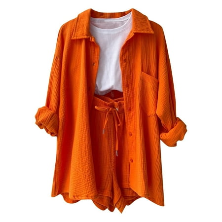 Riforla Fashion Set Womens Shorts Set Long Sleeve Shirt Suit Shorts Two Piece Set Basic Shirt Top and Shorts Set Elegant Women s Sets Orange XXL