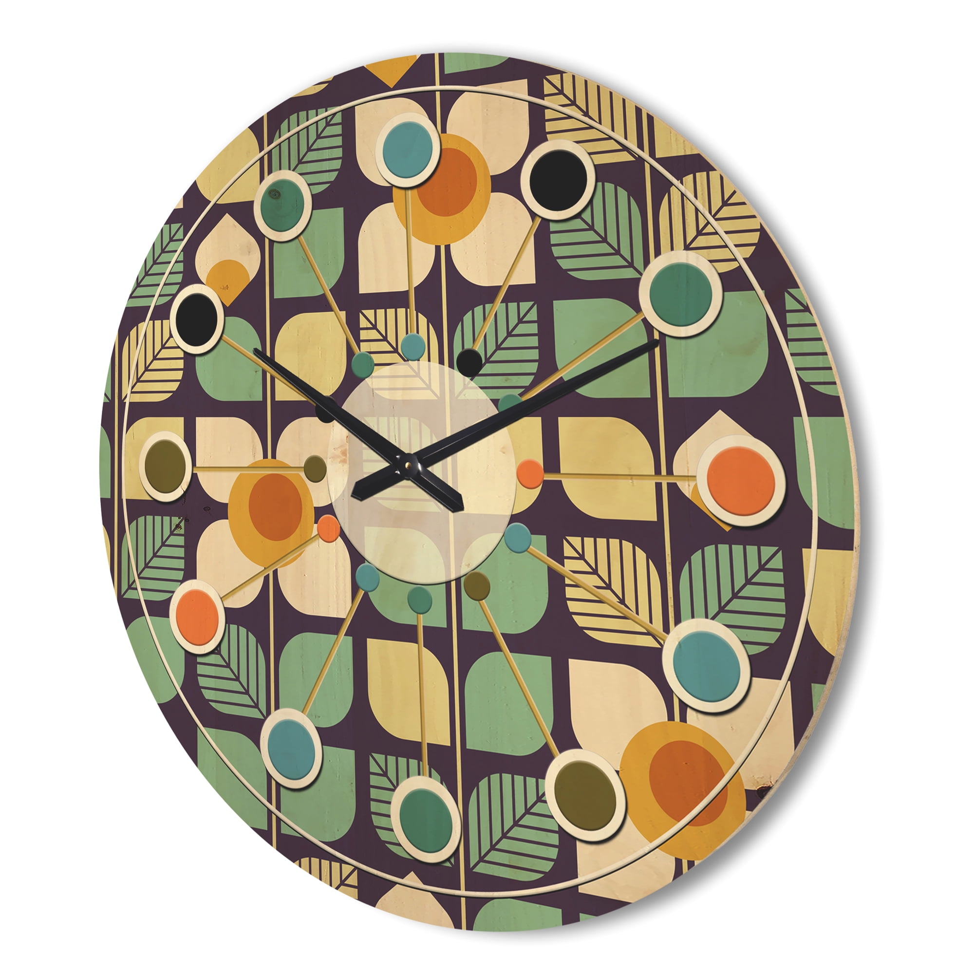 Designart 'Botanical Retro Pattern Design III' Mid-Century Modern Wood Wall Clock