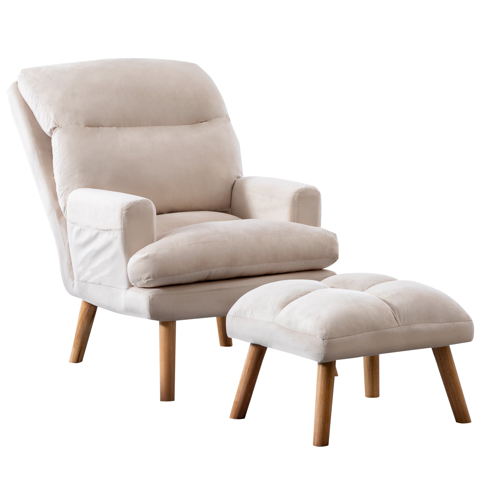 Bonzy Home Accent Chair with Ottoman, Adjustable Backrest Seat,Velvet Fabric Chair for All Age,Beige