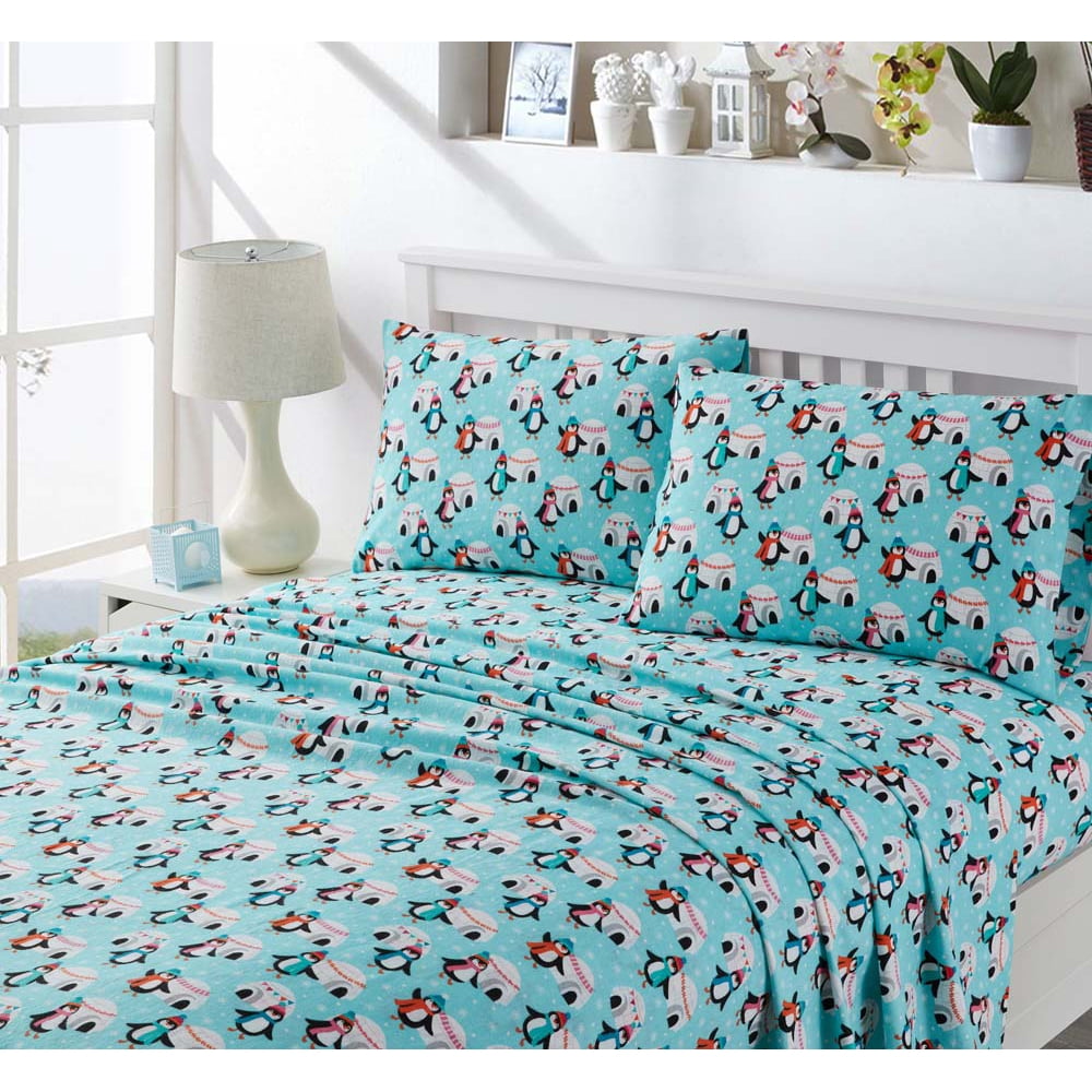 MHF Home Penguins Cotton/Flannel Sheet Set, Queen, Blue