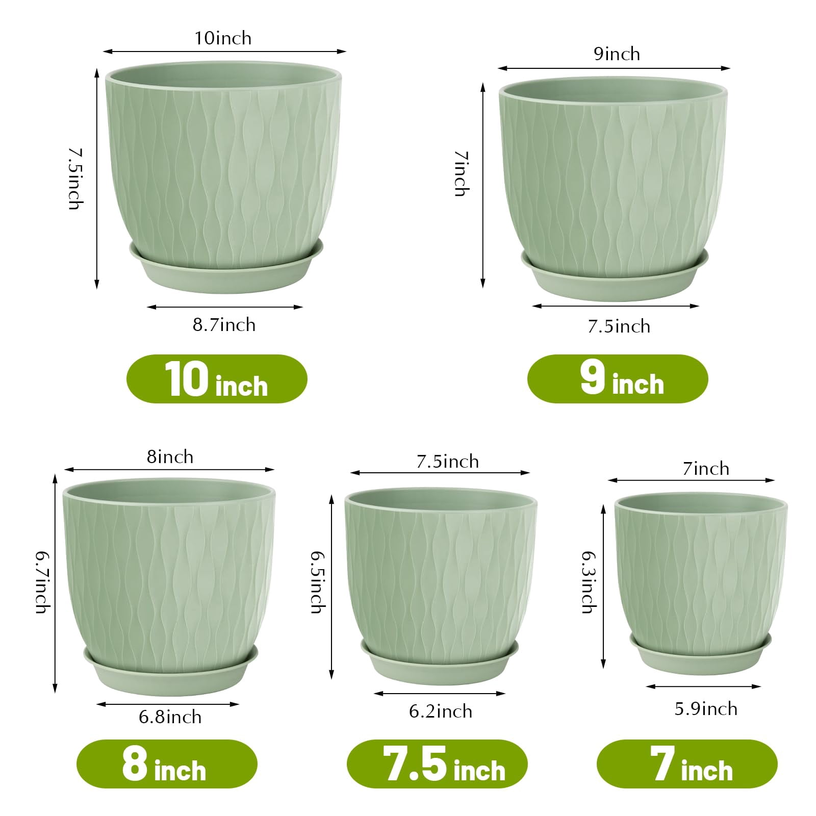 Plastic Plant Pots 10/9/8/7.5/7 inch Set of 5, Flower Planters with Drainage Holes and Saucers, Plastic Pots for Indoor Outdoor Plants(Green)