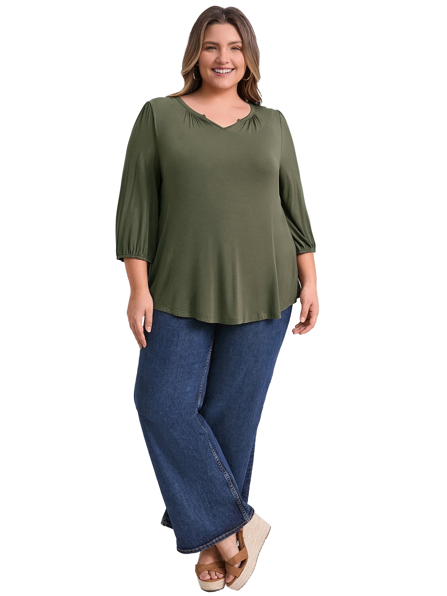 DARING DIVA Women's Plus Smocked 3/4 Sleeve Notch V Neck Blouse 1X Army Green