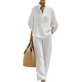 thumbnail image 6 of Breezora Women's Summer Casual Knit 2 Piece Outfit Batwing Sleeve Stand Collar Blouse Wide Leg Pants Loose Fit Set, 6 of 7