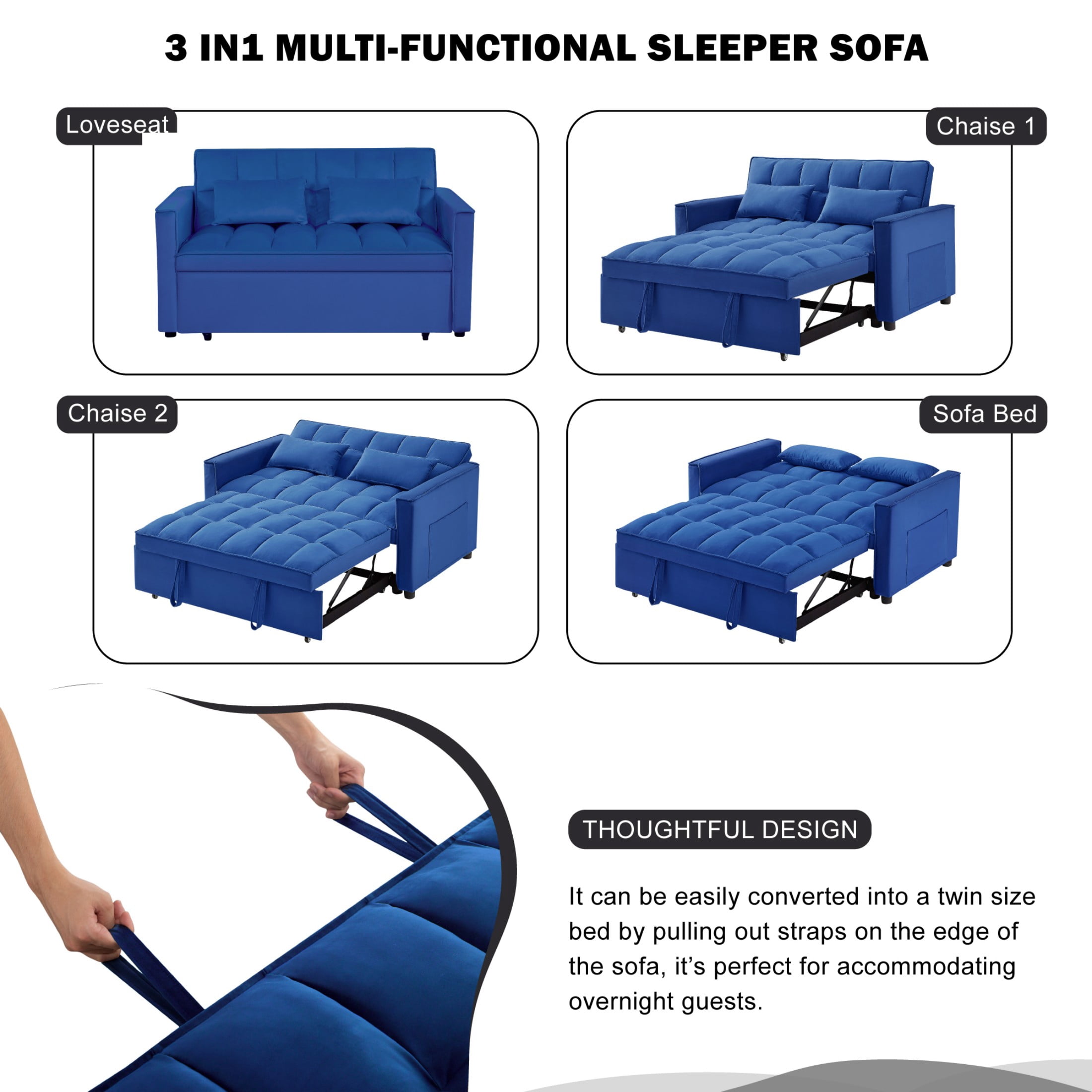 Gewnee 54" Modern Convertible Velvet Futon Sofa Bed with Pull-Out Sleeper and Adjustable Backrest, Loveseat Couch for Living Room or Office (Blue)
