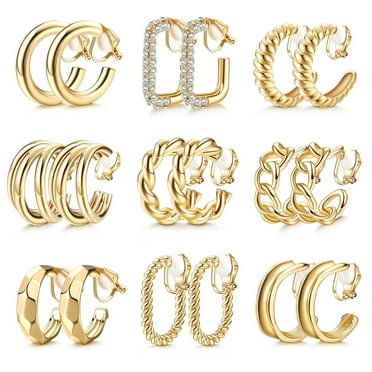 Bavsenic Gold Clip on Earrings 14K Gold Plated Chunky Hoop Clip Hoop Earrings for Women Non-Pierced
