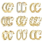 Bavsenic Gold Clip on Earrings 14K Gold Plated Chunky Hoop Clip Hoop Earrings for Women Non-Pierced