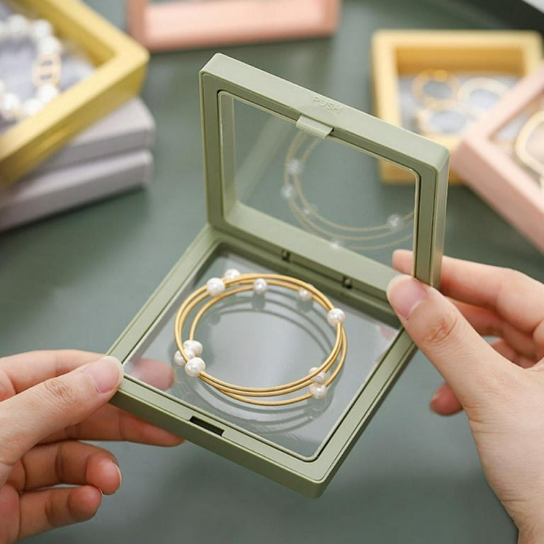 3D Floating Thin Film Jewelry Storage Box, Transparent Frame Display Case  Holder for Ring Necklace Bracelet Earring, Dustproof Jewelry Display Case  with Stand Base 