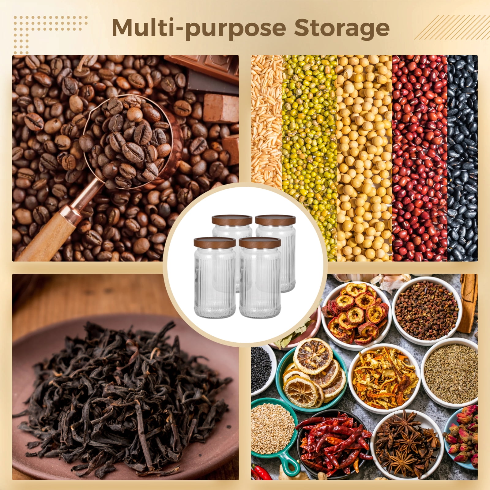 4 Pcs Ribbed Glass Jars with Lids, 32 oz Large Storage Canisters with Airtight Wooden Lids, Vintage Clear Food Storage Containers for Candy, Coffee Beans, Grains, Tea, Sugar