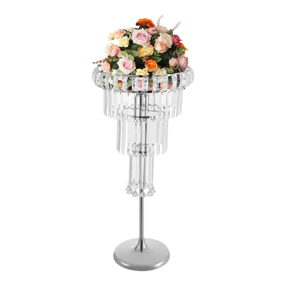 4-Tier Wedding Gold Vase, 32 in Crystal Centerpieces Flower Stand with Hanging Crystals, Round Chandelier Pedestal Stand for Wedding T Stage Birthday Party Decoration (Silver)