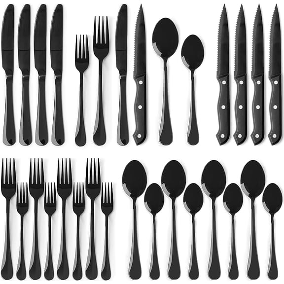 48-Piece Black Silverware Set with Steak Knives, Heavy Duty Black Flatware Set for 8, Food-Grade Stainless Steel Tableware Cutlery Set, Utensil Sets for Home Restaurant, Mirror Finish