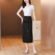thumbnail image 3 of Falda estilo chino de cintura alta, de longitud media y reductora de edad de alta calidad para mujer, falda estilo A con abertura lateral y diseño de jacquard vintage, 3 of 5