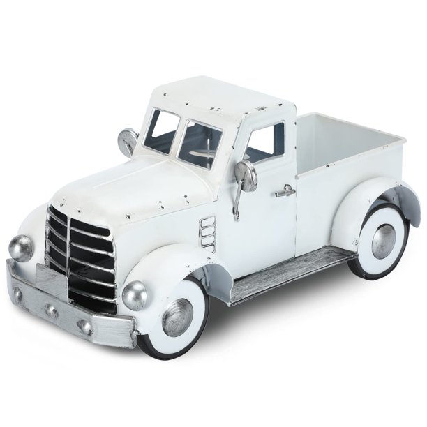 Addbliss Farmhouse White Vintage Truck Decor, Metal Car Trucks