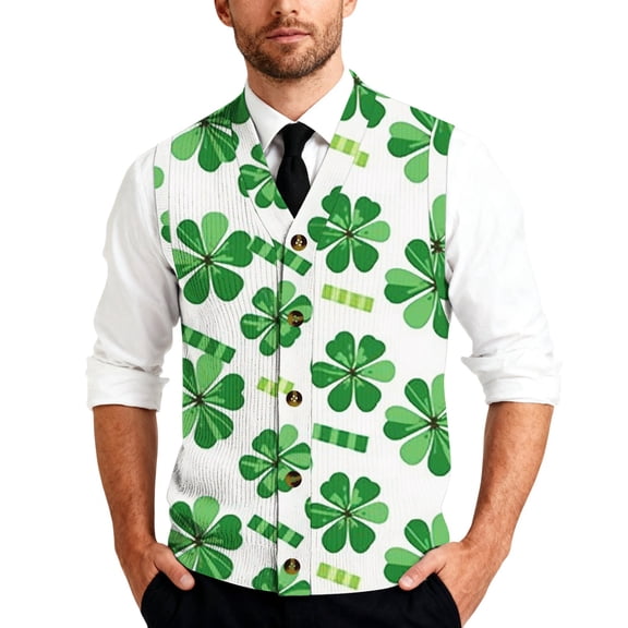 St. Patrick's Day Vest for Men Casual Shamrock Printed Sleeveless Knitted Button Cardigan Loose Fit Knitwear