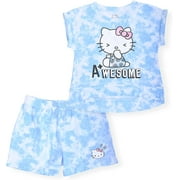 Hello Kitty Girls 2-Piece Fashion Tee Shirt and Active Short Set with Tie Front Top and Fashion Dolphin Shorts Summer Clothes