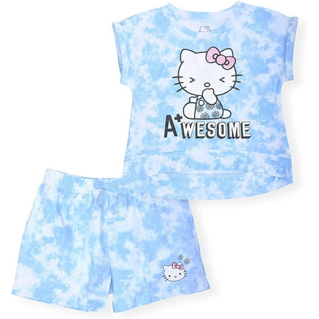Hello Kitty Girls 2-Piece Fashion Tee Shirt and Active Short Set with Tie Front Top and Fashion Dolphin Shorts Summer Clothes