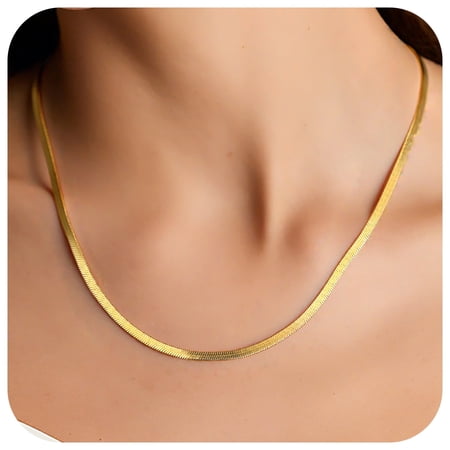 FindChic 14K Gold Plated Necklace for Women 3mm Herringbone Choker Snake Chain Birthday Mothers Day Jewelry Gifts Her Mom Wife Lady Female Adults Age Ideas, 18inch