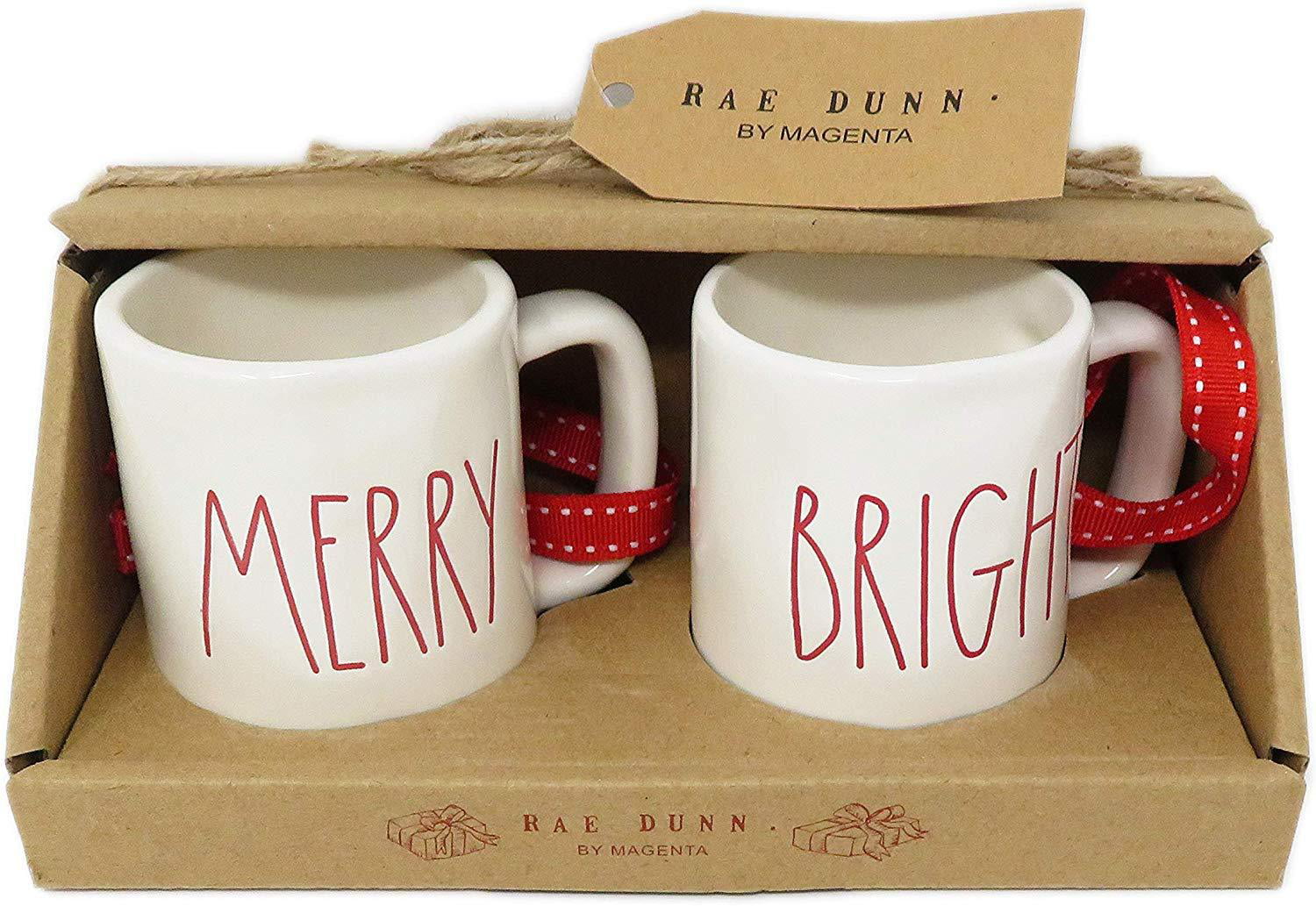 DR Rae Dunn by Magenta Set of 2 Holly Jolly Ceramic LL Red Letter Mini Mug Christmas Tree Ornaments 