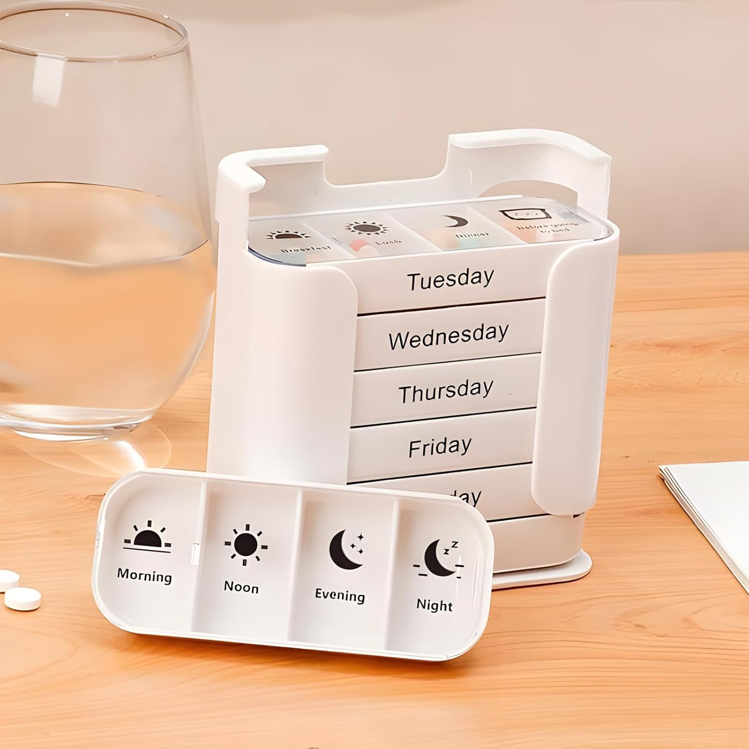 Weekly 7-Day Pill Organizer, Large Weekly Medication Organizer with 4 Times a Day Compartments, Stackable Vitamin Organizer for Supplements (Green)