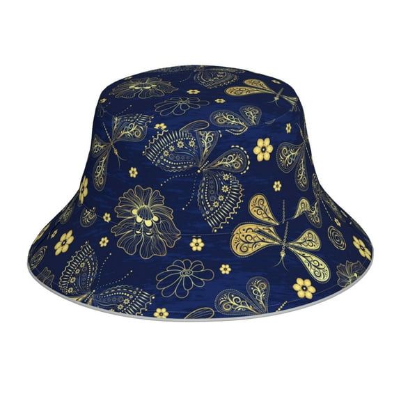 Kll Vintage Golden Butterfly Bucket Hat for Women Men Packable Travel Beach Sun Hat Outdoor Rave Accessories Reflective Fisherman Cap