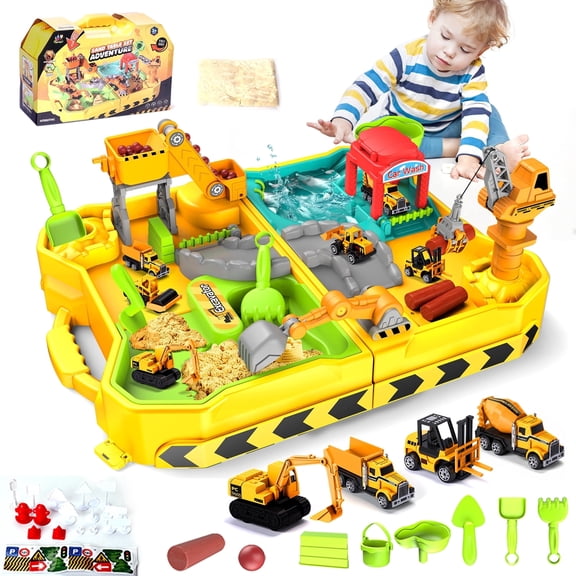 Ribeijess Play Sand for Sandbox, Foldable Construction Sand Sensory Bin, 4 Alloy Trucks & Beach Tools,Travel Outside Toys Set for Kids Ages 3 4 5 6 7