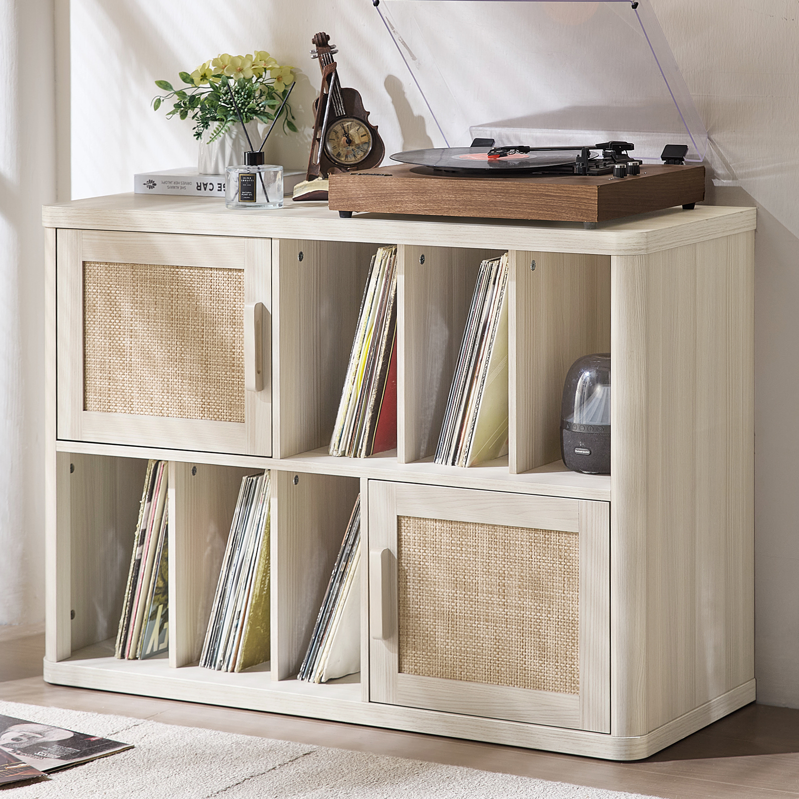 LELELINKY Rattan Record Player Stand, Large Turntables Stand with Vinyl Record Storage Holds up to 450 Albums, Record Player Table for Living Room Office, White
