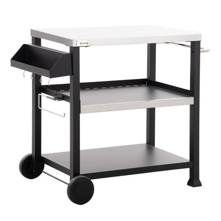 Grill Cart - 3-Shelf Outdoor BBQ Prep Table, Stainless Steel Top, Pizza Oven Stand, Mobile Kitchen Island - 32"x20.5", Black