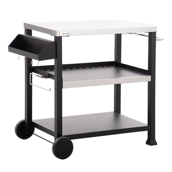 Grill Cart - 3-Shelf Outdoor BBQ Prep Table, Stainless Steel Top, Pizza Oven Stand, Mobile Kitchen Island - 32"x20.5", Black