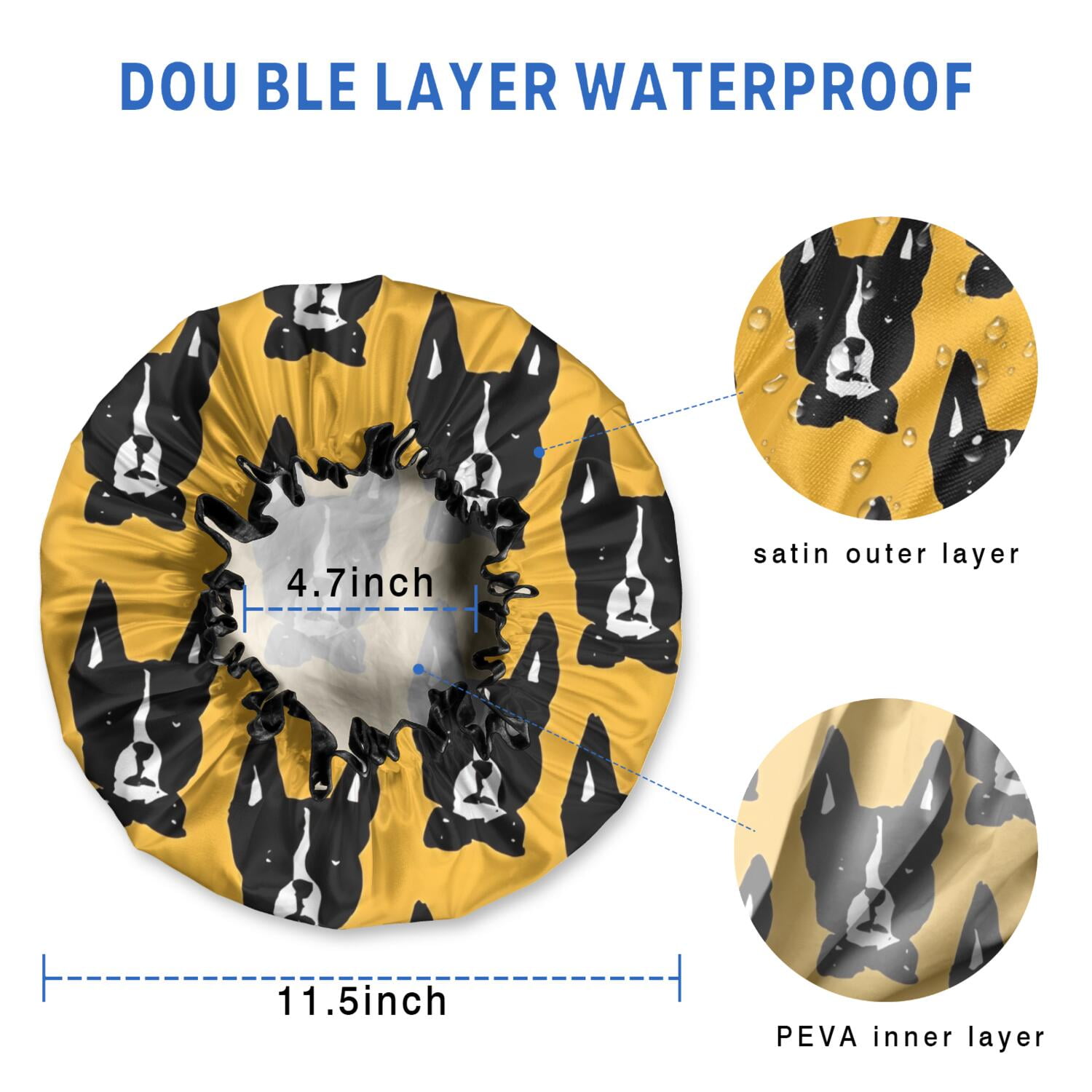 Shower Caps,Boston Terrier Waterproof Shower Cap for Women 4 Pieces,Double Reusable Hair Cover for Shower PEVA Elastic Stretch Hem