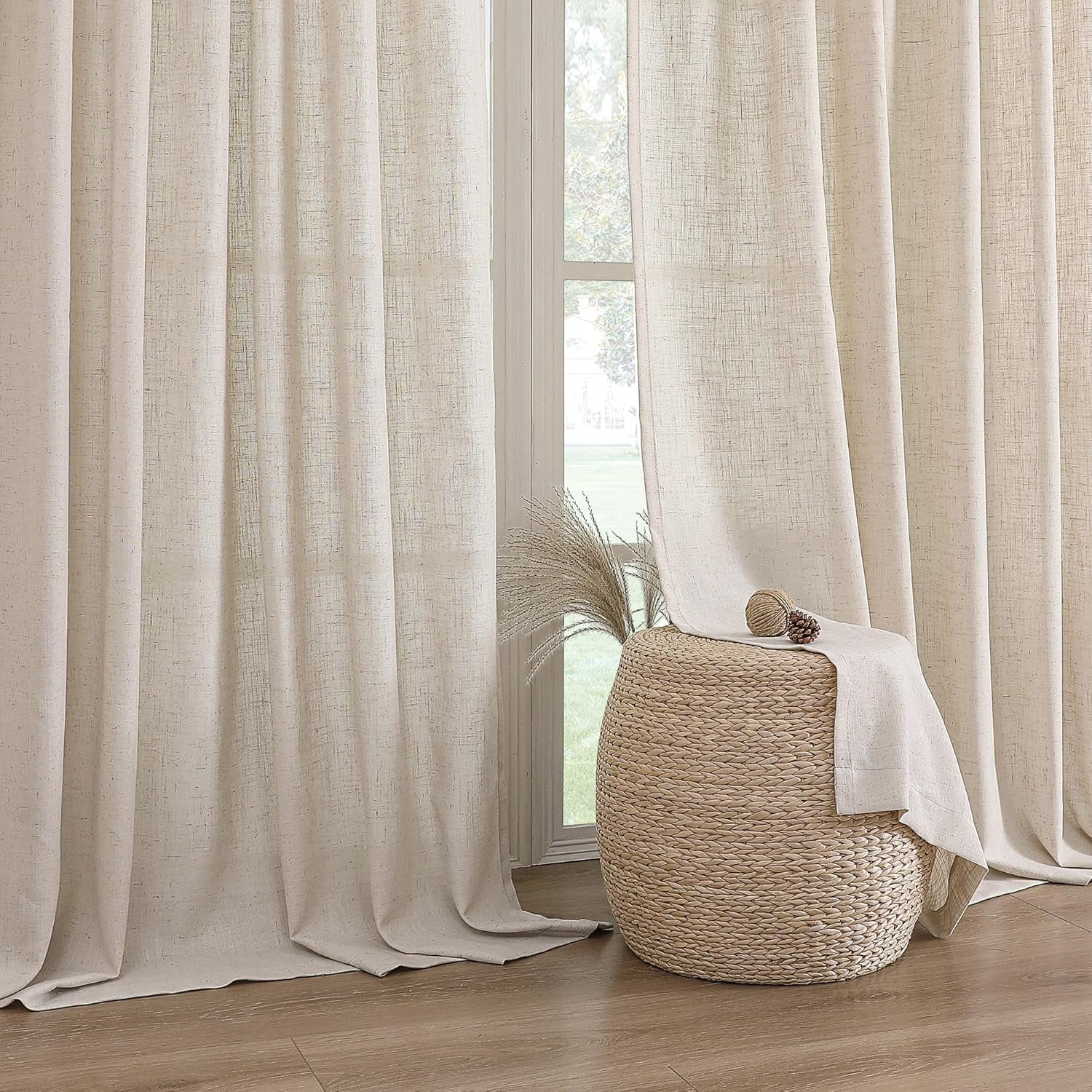 Linen Curtains 96 Inch Length 2 Panels Set, Semi Sheer Light Filtering Curtain Rod Pocket Back Tab, Pinch Pleated Farmhouse Drapes for Living Room, 52x96 Natural White with Brownish Linen