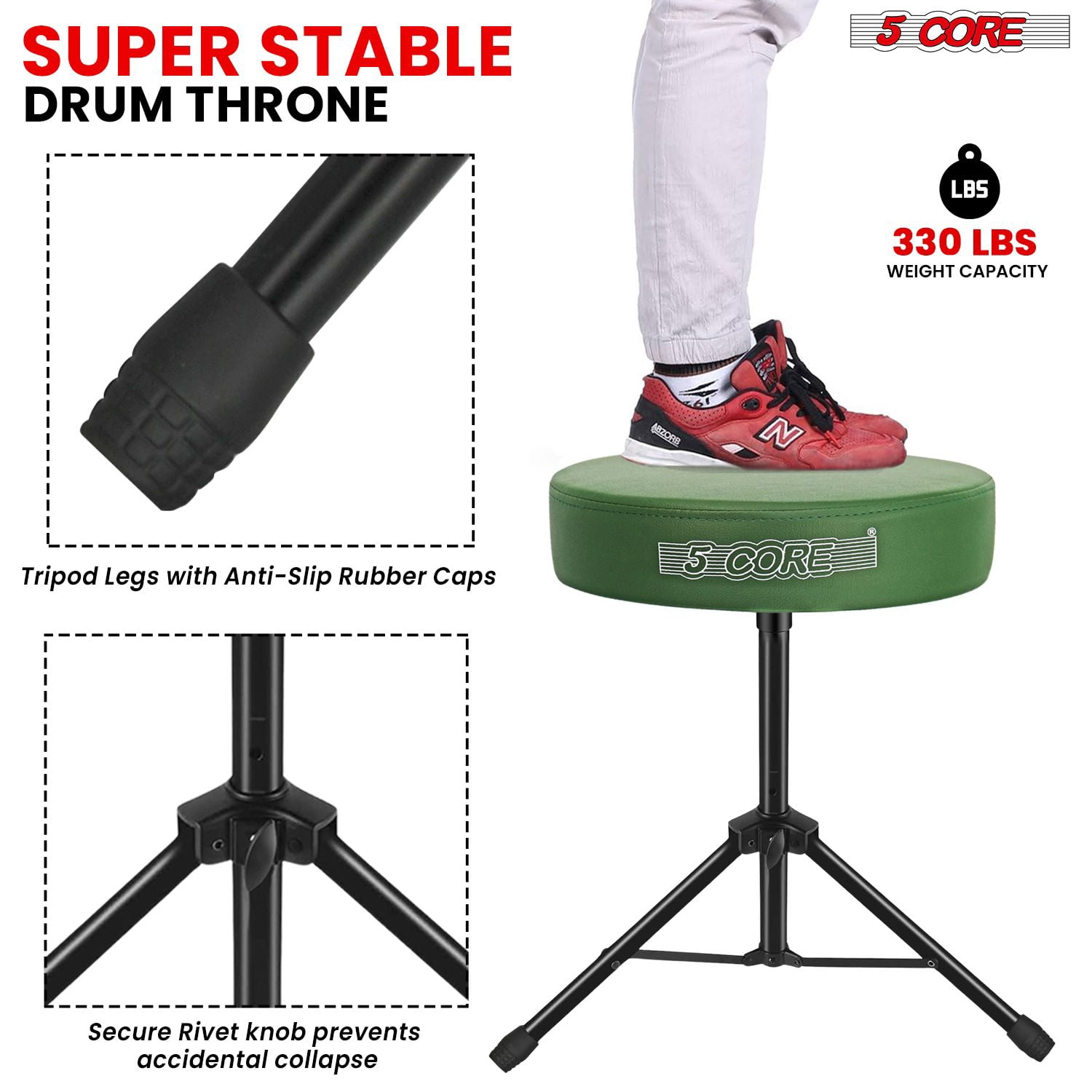 Adjustable Drum Throne Stool with 3" Thick Padding – Heavy-Duty 330 lb Capacity Guitar Seat for Adults & Kids, Anti-Slip Tripod Base