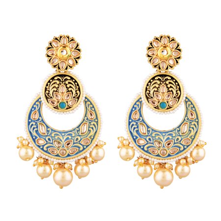 Efulgenz Indian Jewelry Antique Crystal Kundan Chandbali Big Dangle Engraved Earrings Set for Women - Blue