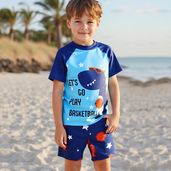 Rggeeun Baby Boys Swimsuit Set 2Pc Cartoon Cool Dinosaur Pattern Short Sleeve Crew Neck Top & Elastic Waist Wide Leg Swim Trunks for Summer Holiday Beach Versatile Swim Wear,Blue,5-6 Years