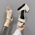 thumbnail image 5 of Xfvqtps Heel Sandals for Womens Slide Sandals Block Chunky Heel Peep Toe Side Cutout Leather Slide Sandals Beige, 5 of 8