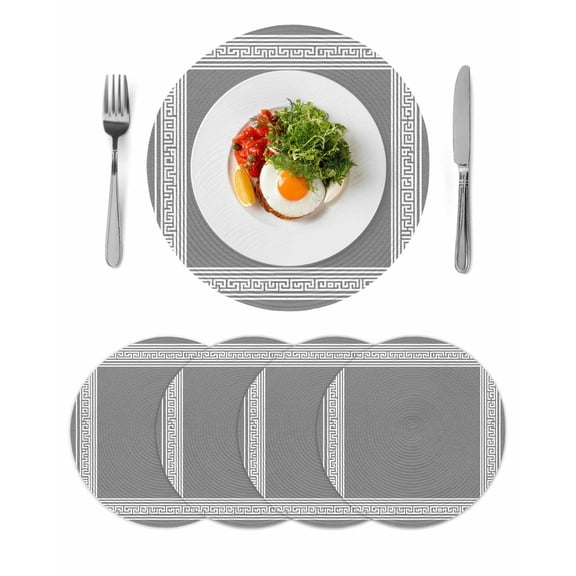 Grey Geometric Round 13 Inch Placemats Set of 4, Bohemia Tribal Farm Tribal Patterned HeatResistant Non Slip Place Mats for Dining Table, Wipeable Braided Kitchen Table Mats for Housewarming