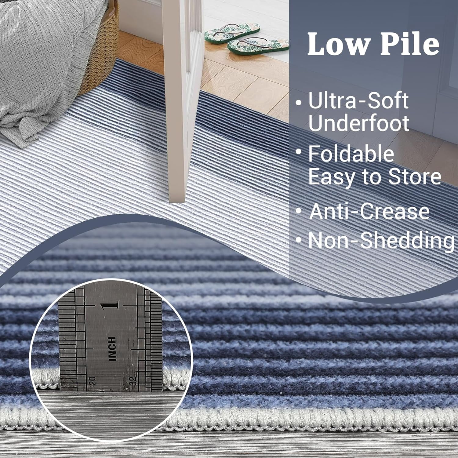Area Rug 10x13 Modern Neutral Solid Large Machine Washable Rug for Living Room, Non-Slip Non Shedding Bordered Soft Carpet, Low Pile Indoor Foldable Printed Rug for Bedroom, Dining Room, Blue