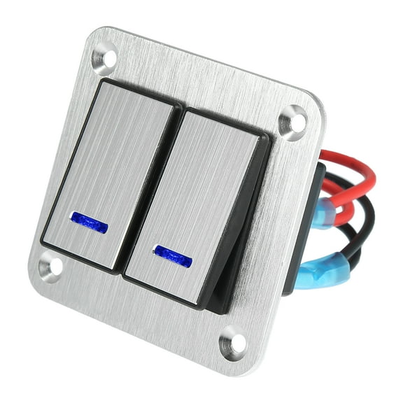 2 Gang Rocker Switch Panel 3 Pin Pre-Wired Toggle Switch Aluminum Alloy Blue LED Push Button for 12V 24V Silver Tone