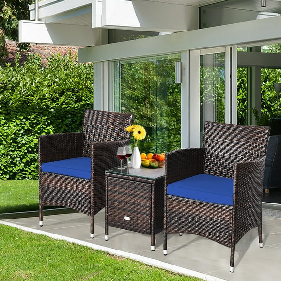 Topbuy 3-Piece Patio Wicker Rattan Furniture Set Conversation Sofa Set with Coffee Table Blue