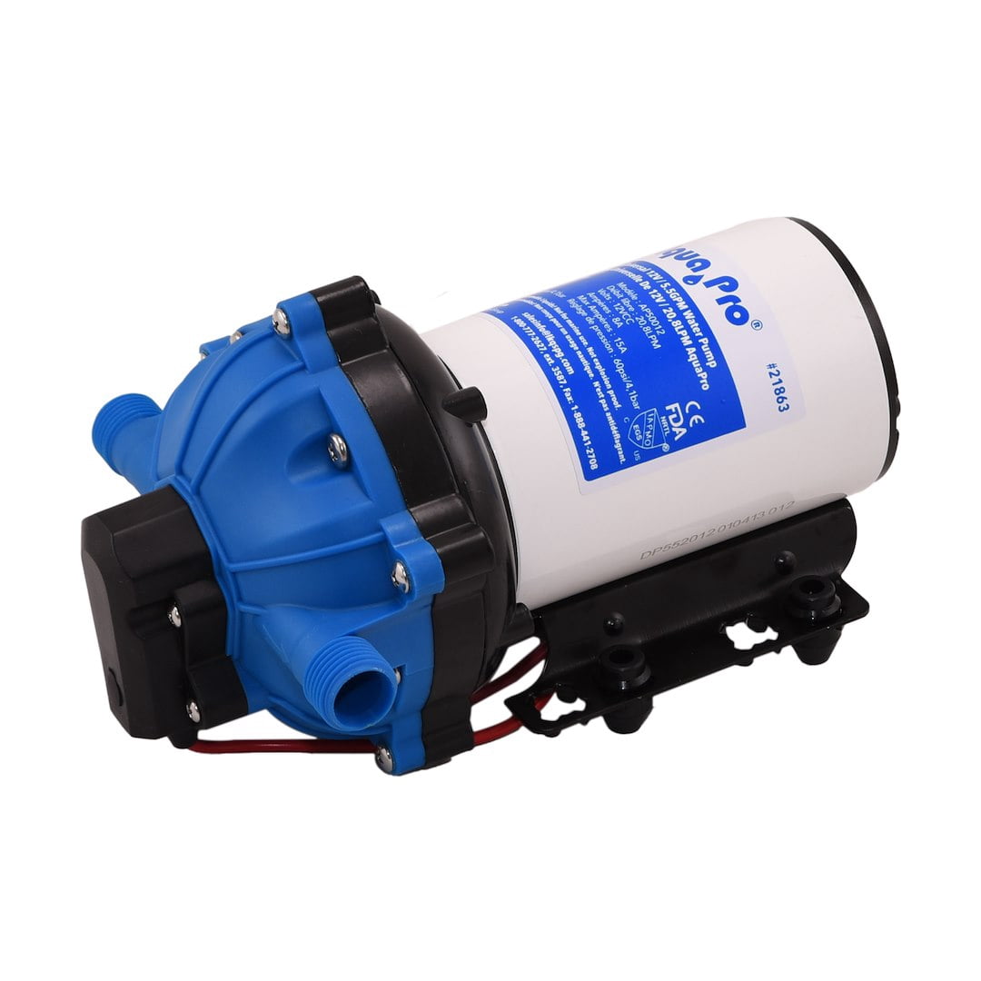 Aqua Pro 21863 Fresh Water Pump; AP50012; Self-Priming; 5.5 Gallon Per Minute; Shuts Off At 60 PSI; 8-1/2 Inch Length x 5-3/4 Inch Width x 5.16 Inch Height; 12 Volt DC; Run Dry Safe