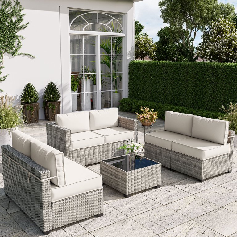 7 Piece Outdoor Patio Furniture Set with 5 High Resiliency Seat Cushions Light Grey Gradient Wicker Sectional Sofa Modular Wicker Patio