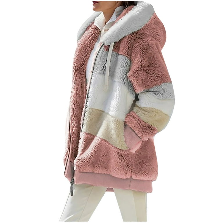 Faux Fleece Jacket Women Fur Coat with Hood Winter Warm Teddy Bear