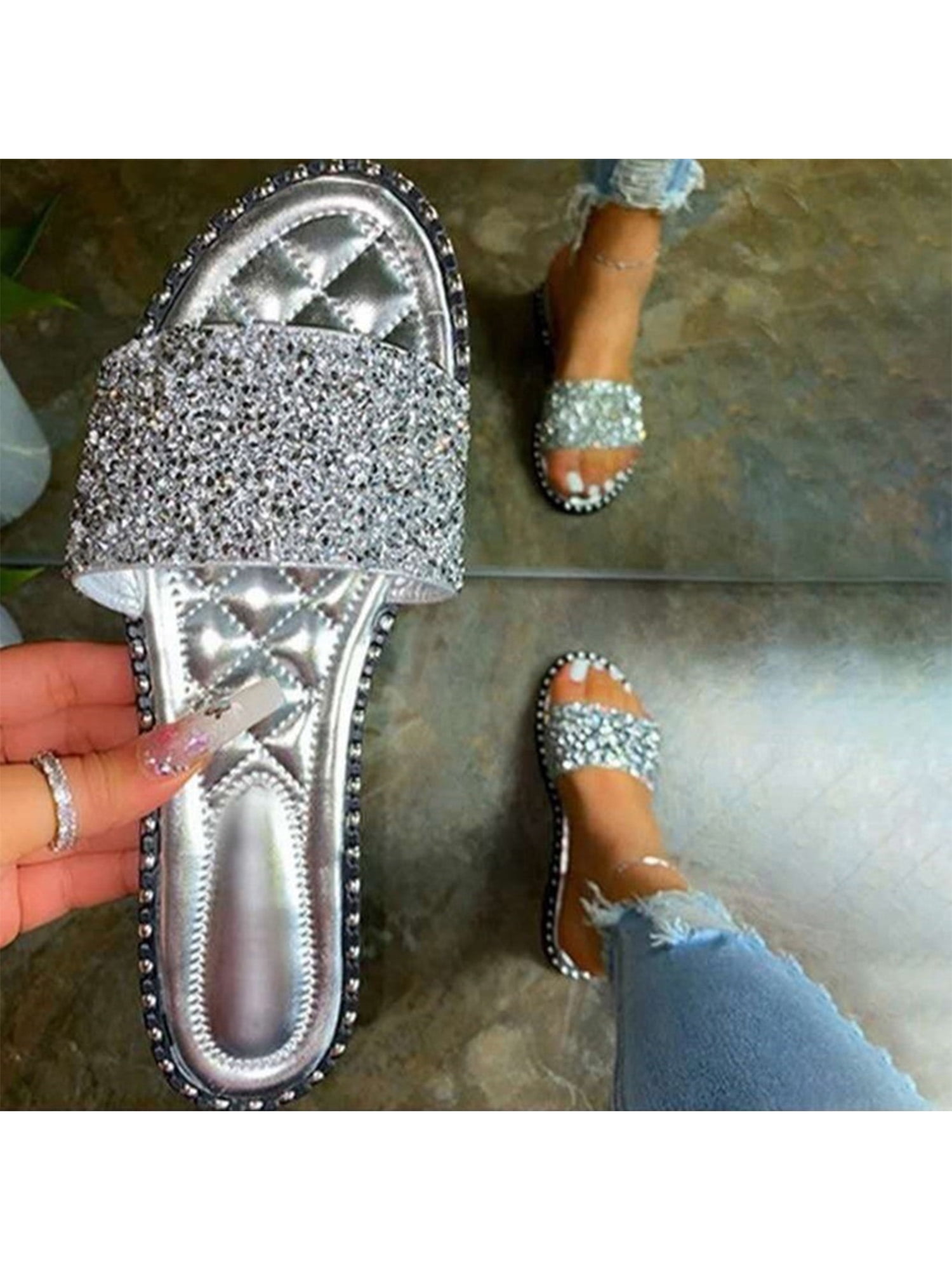 Womens Flat Slides Sandals Diamante Sparkly Sliders Colorful Diamond Slippers Platform Shoes,Silver,6