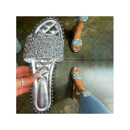 

Sanviglor Ladies Slides Backless Slippers Open Toe Flat Sandals Beach Cozy Casual Flats Comfortable Slip On Slide Sandal silver 4.5