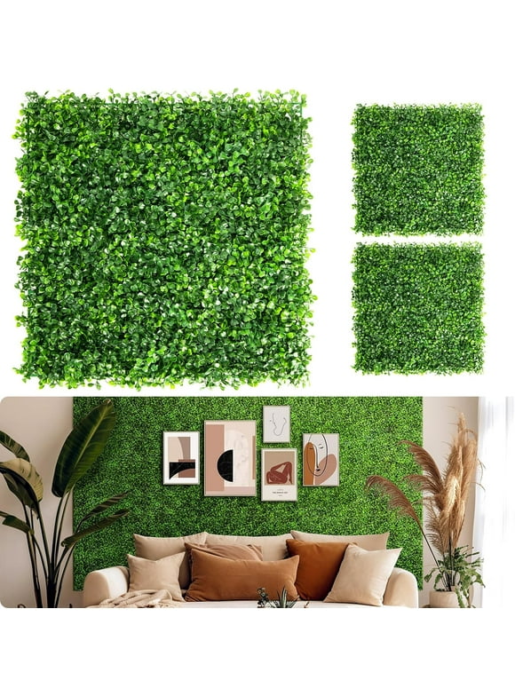 Artificial Grass Wall Panels, 12 Pack 10 x 10 inch Boxwood Hedge Wall Panels with 100 Zip Ties, Grass Backdrop Wall Panels for Garden Yard Fence, Greenery Wall Background Decoration